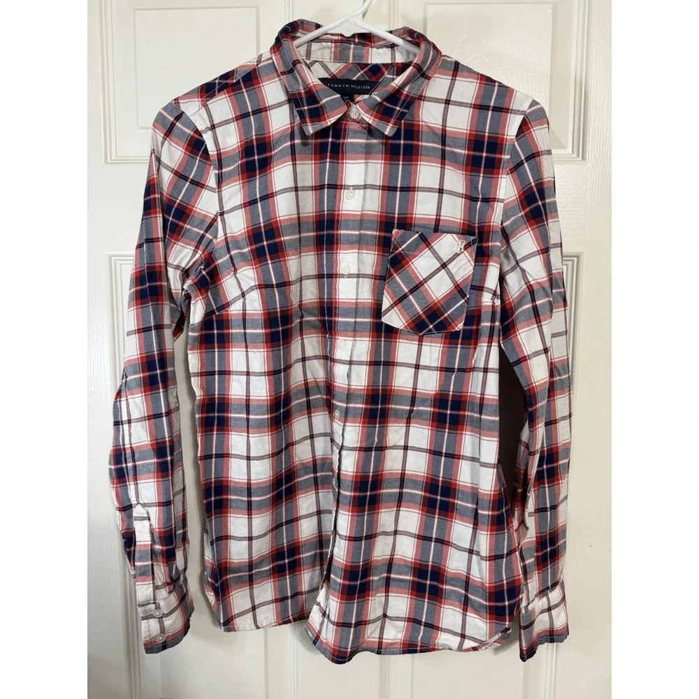 Tommy Hilfiger Shirt Men's Long Sleeve Button Up Red‎ White Plaid Size Small